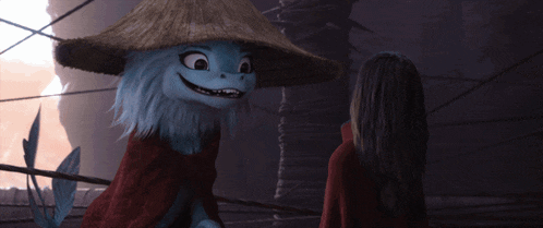 a cartoon character wearing a straw hat is talking to a girl