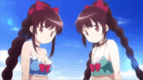 two anime girls are standing next to each other on a beach wearing bikinis .