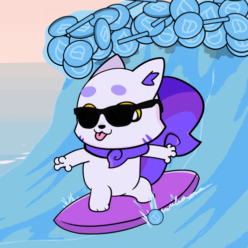 a cat wearing sunglasses is riding a wave
