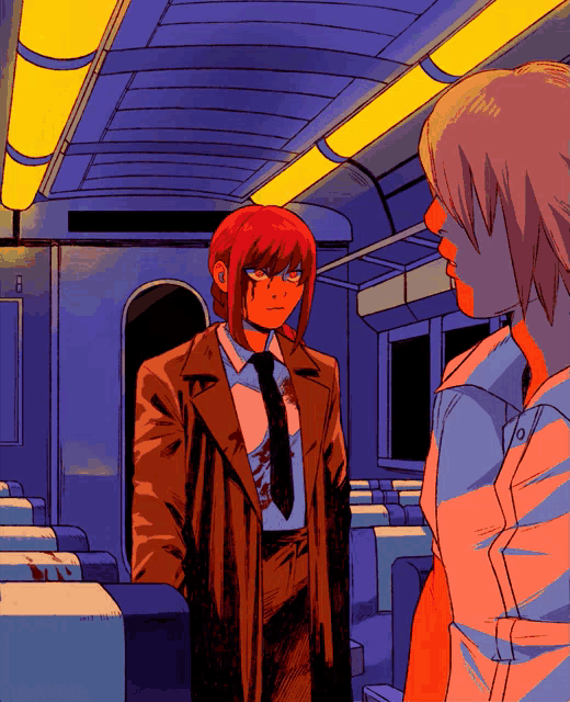 a woman with red hair is standing next to another woman on a train