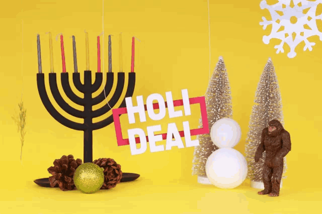 a menorah with candles and a sign that says " holi deal "
