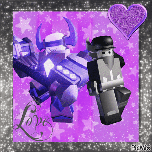 a picture of a robot and a skeleton with a purple heart and the word love