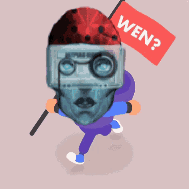 a cartoon character is running with a red flag that says wen