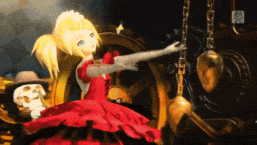a girl in a red dress is dancing in front of a clock and a skull in a hat