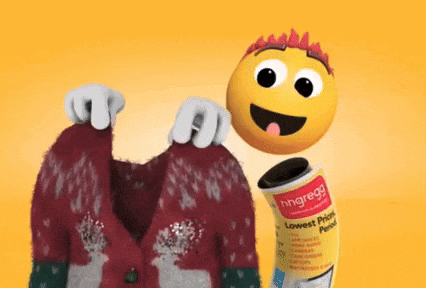 a smiley face is holding a sweater next to a can that says hngreg3