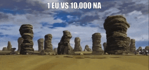 a cartoon of a desert with the words 1 eu vs 10,000 na above it