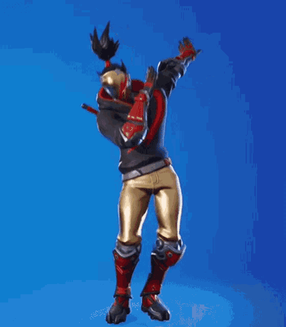 a man in a superhero costume is dancing with his arms outstretched in front of a blue background .
