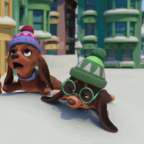 two cartoon dachshunds wearing hats and glasses are laying on the ground