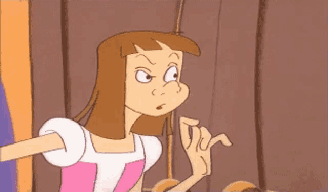 a cartoon character is making a funny face with her hands .