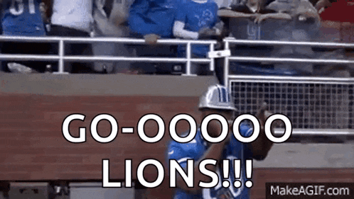 a football player in a blue uniform is standing in front of a crowd and says go - 00000 lions !!!