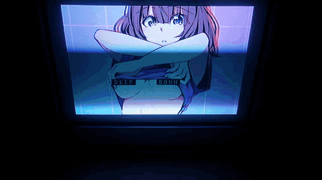 a television screen shows a naked anime girl with the words deep down below her