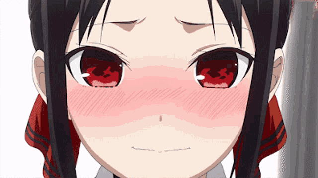 a close up of a girl with red eyes