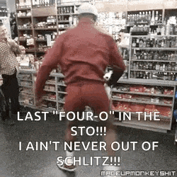 a man in a hard hat is dancing in a store with a caption that says last four-o in the sto !!!