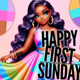 a happy first sunday greeting card with a girl in a colorful dress and earrings .