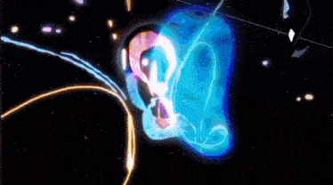 a cartoon character is being attacked by a blue and pink monster in space .