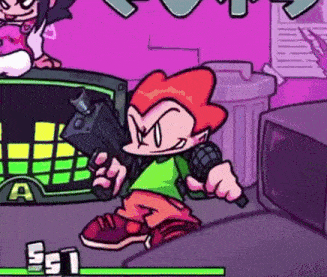 a cartoon character is holding a gun in a video game .