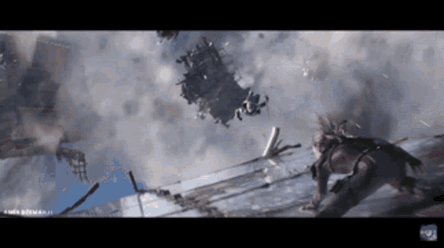 a woman is flying through the air in a scene from a video game