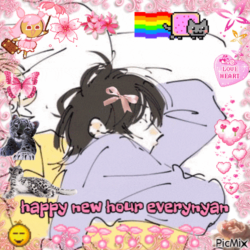 a picture of a girl with a bow on her head and the words happy new hour every nyan