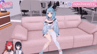 a girl with blue hair is sitting on a pink couch with two other girls