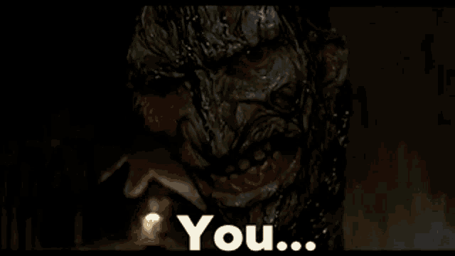 a close up of a monster 's face with the words " you " written below it