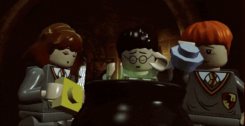 a lego harry potter character with a speech bubble