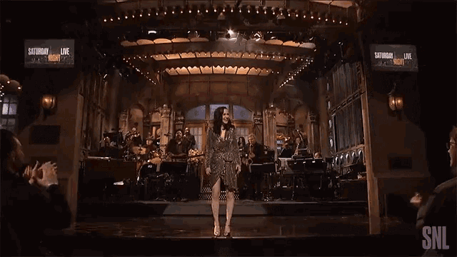 a woman singing on a stage with a snl sign in the background