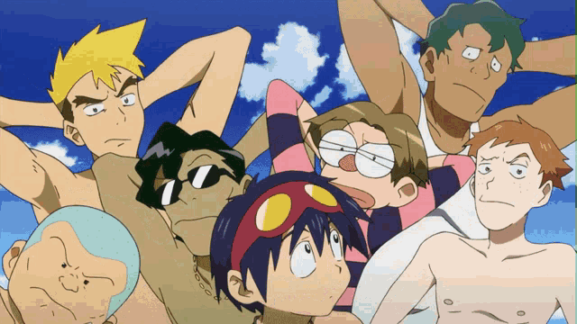 a group of cartoon characters are posing for a picture together