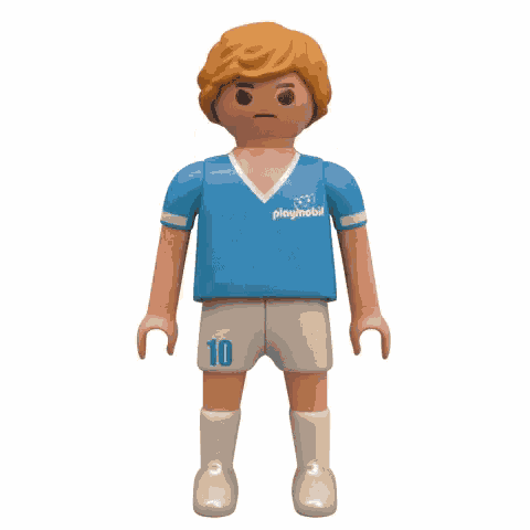 a playmobil figure is wearing a blue shirt and shorts
