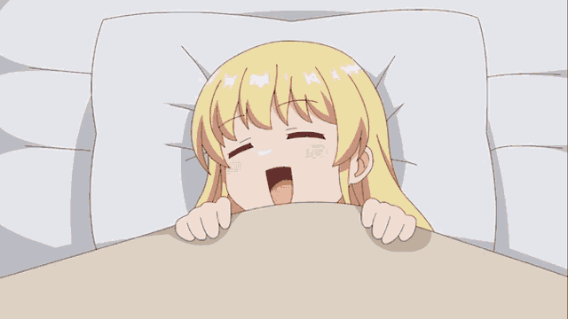 a cartoon girl with blonde hair is laying in bed