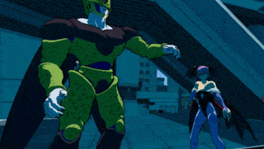 a cartoon character is standing next to a female character