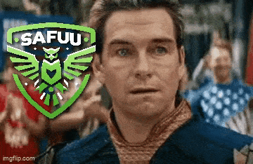 a man is standing in front of a green safuu logo