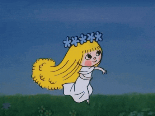 a cartoon girl with blonde hair and a wreath of flowers on her head
