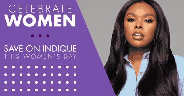 a woman with long hair is on a purple and white banner that says celebrate women