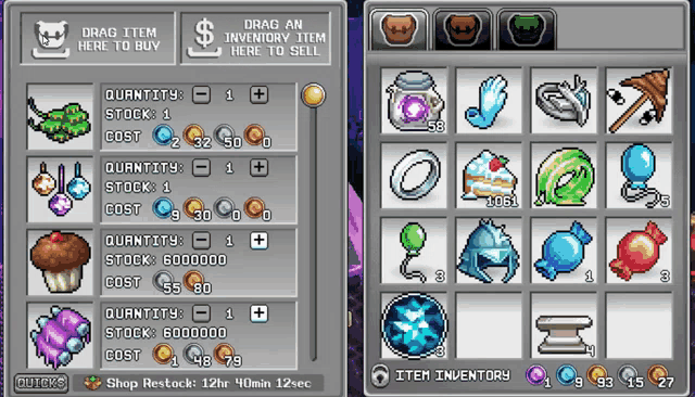 a screenshot of a game that says " drag an inventory item here to sell "