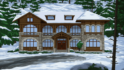 a large house with a lot of windows is surrounded by snow and trees