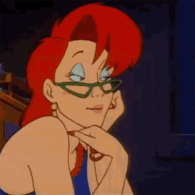 a cartoon woman with red hair and green glasses is wearing a blue dress and earrings .