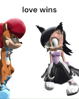 two cartoon characters are standing next to each other and the words love wins are above them