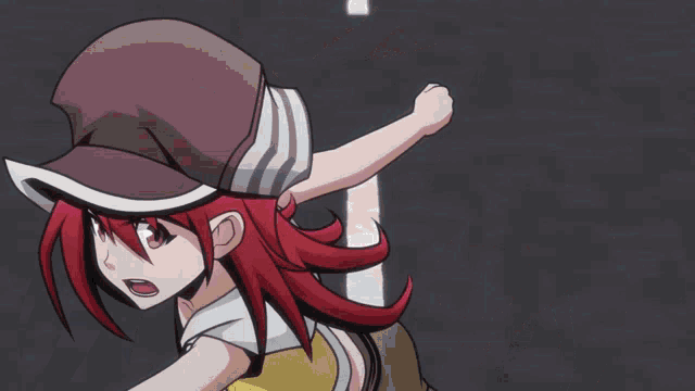 a cartoon character with red hair is wearing a hat and a yellow shirt