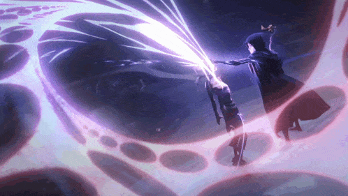 a purple light is coming out of a person 's hand in a dark room