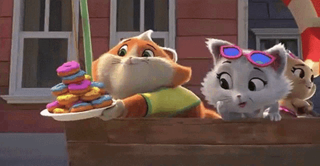 a cartoon cat is holding a plate of donuts while another cat watches .