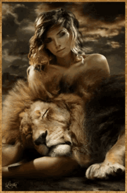 a painting of a woman laying on top of a lion with the name andy on the bottom