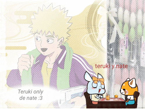 a drawing of a man and a rabbit with the words " teruki only de nate " on the bottom