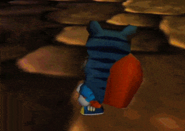 a cartoon character with a red tail is standing on a rocky surface
