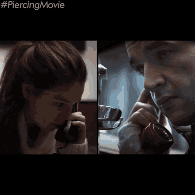 a man and a woman are talking on a phone and the woman says " yeah "