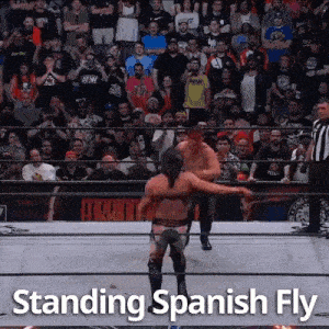 two men are wrestling in a wrestling ring with the words standing spanish fly written on the bottom .