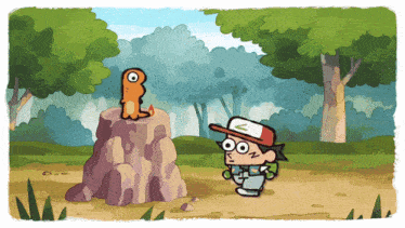a cartoon of a boy standing next to a stump with a worm on it