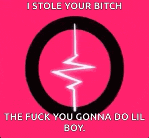a pink background with a black circle and a lightning bolt in the middle .
