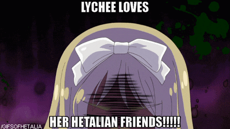 a cartoon of a girl with a white bow and the caption lychee loves her hetalia friends