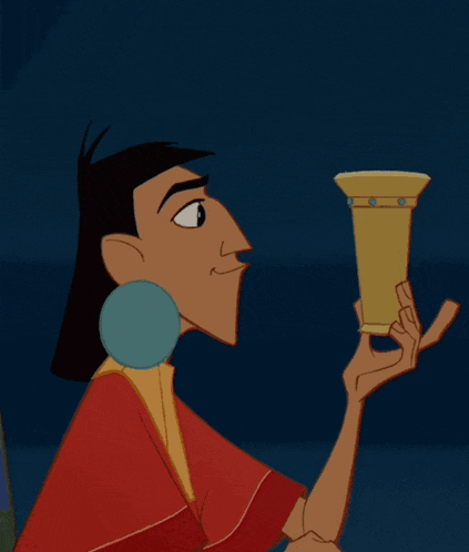 a cartoon character is holding a cup in his hand and smiling