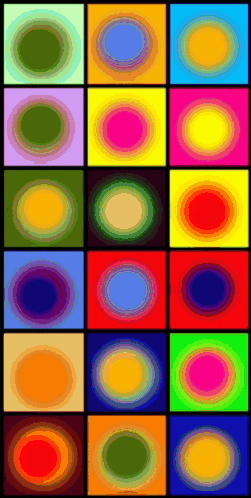 a grid of squares with circles of different colors on them